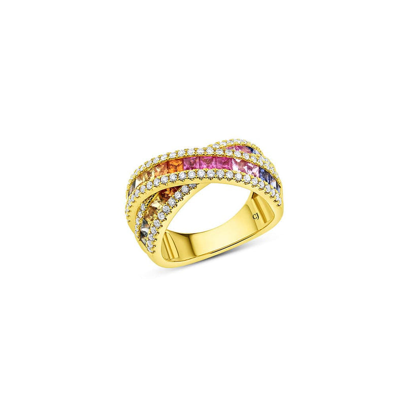 18kt Yellow Gold Rainbow Sapphire Diamond "X" Overlap Ring