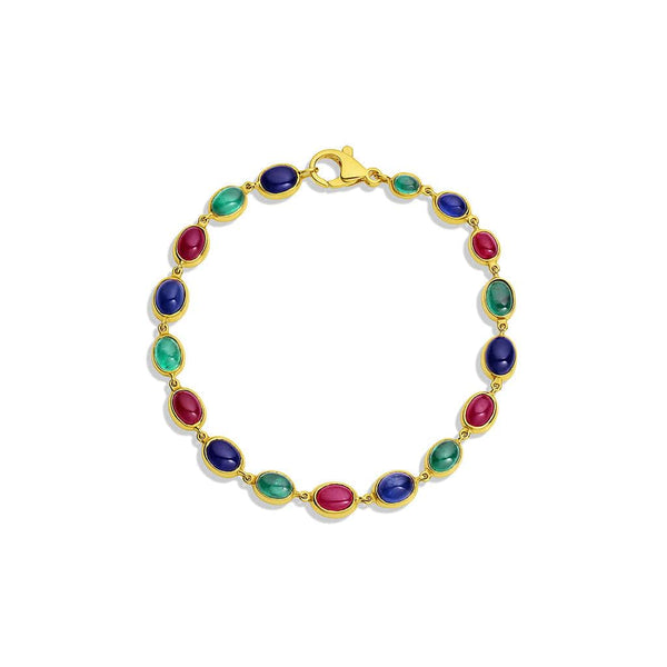 Rivière 18kt Yellow Gold Ruby Emerald Sapphire Oval Cabochon Bracelet