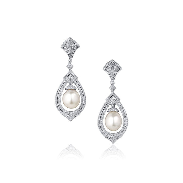 Estate 18kt White Gold 12.5mm Pearl Diamond Earrings