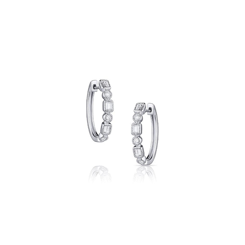 18kt White Gold Diamond Baguette Round Mini Huggy Oval Hoop Earrings