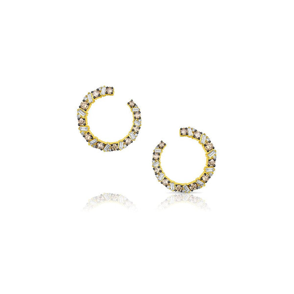 18kt Yellow Gold Champagne and Colorless Diamond Round Swirl Earrings