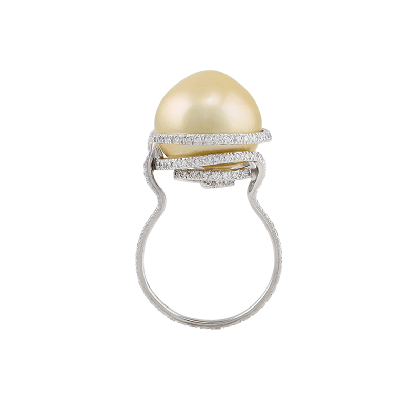 Platinum Diamond 14mm Gold Pearl Ring