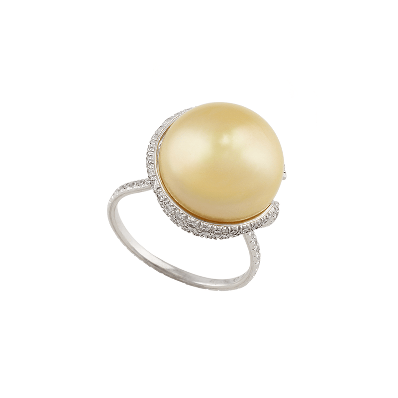 Platinum Diamond 14mm Gold Pearl Ring