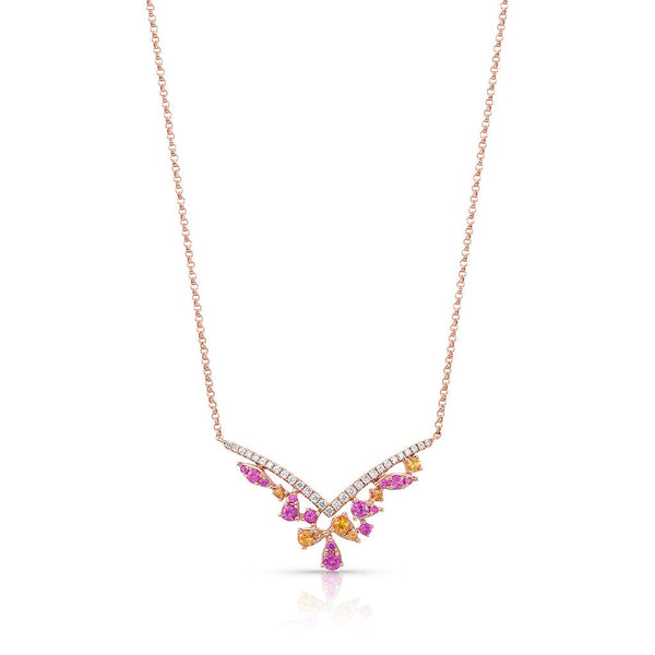 18kt Rose Gold Rainbow Sapphire Cluster V Necklace