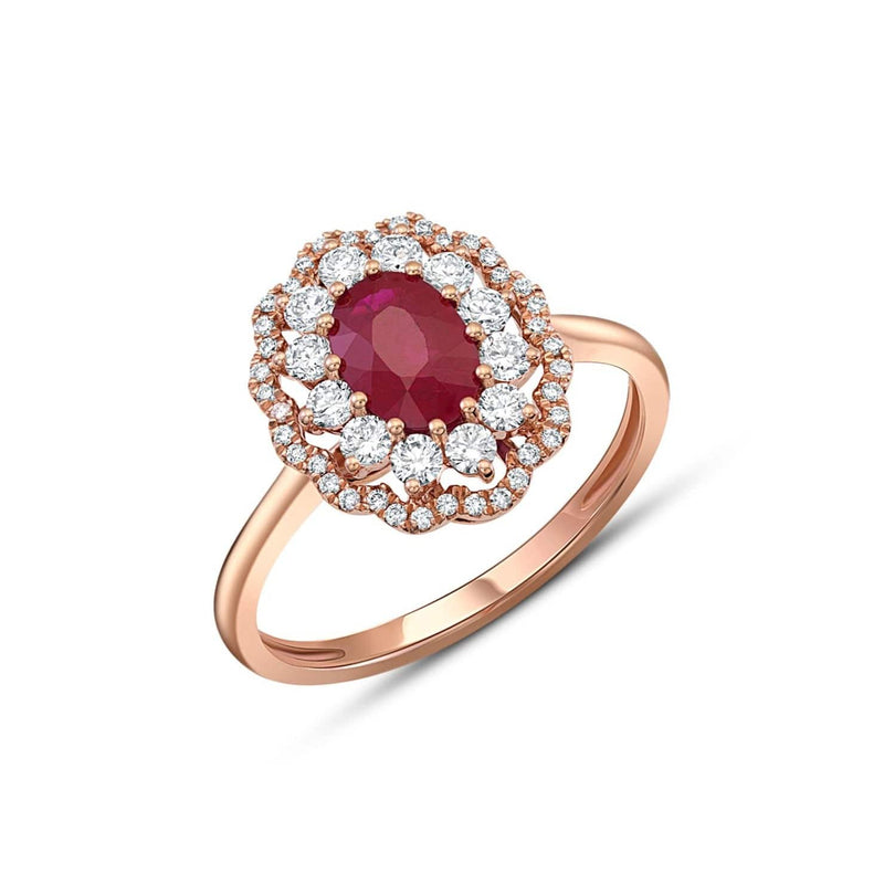 18kt Rose Gold Ruby and Diamond Halo Ring