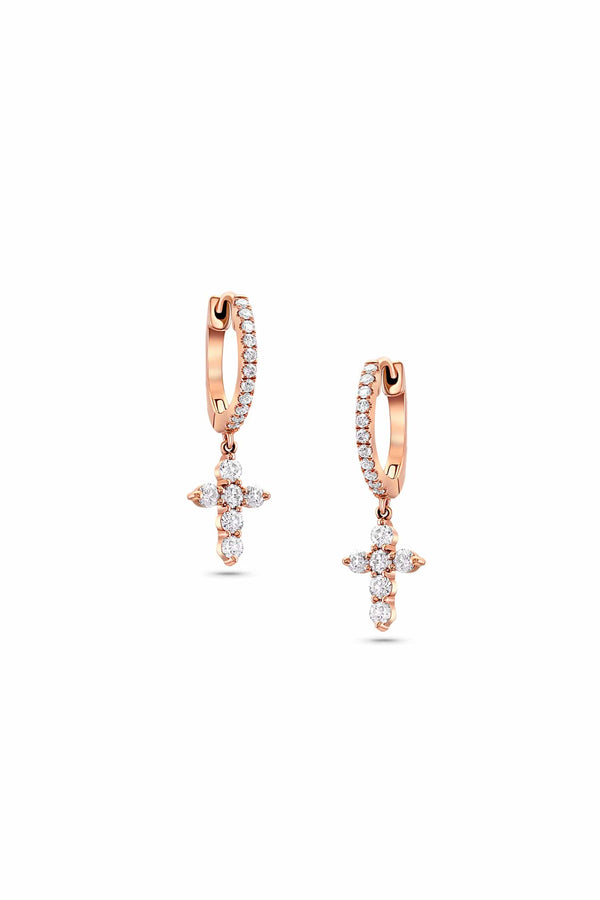 18 kt Rose Gold Diamond Cross Huggie Earrings