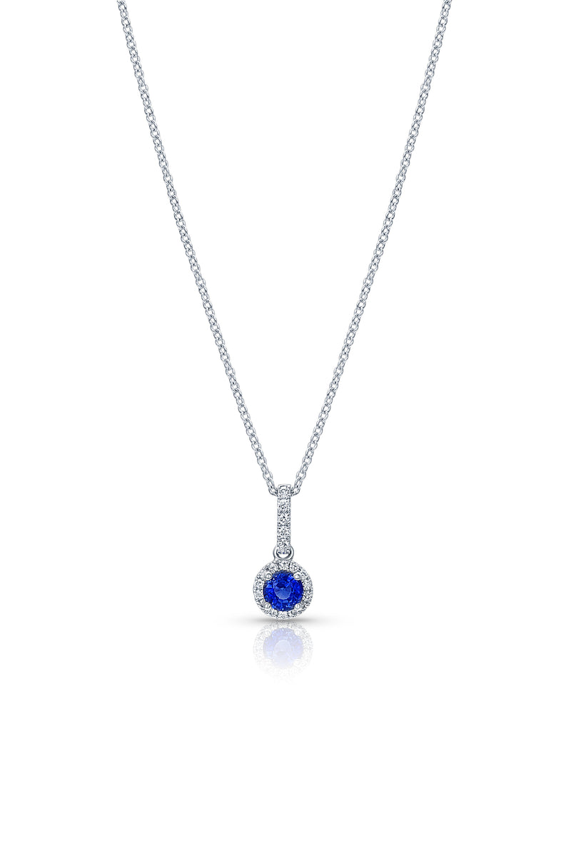 18k White Gold Round Brilliant Diamond Sapphire Pendant Necklace