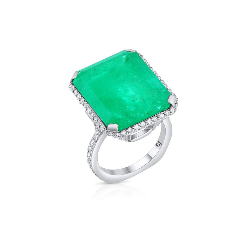 Platinum 21.49ct. Colombia Emerald Cut Emerald Diamond Ring