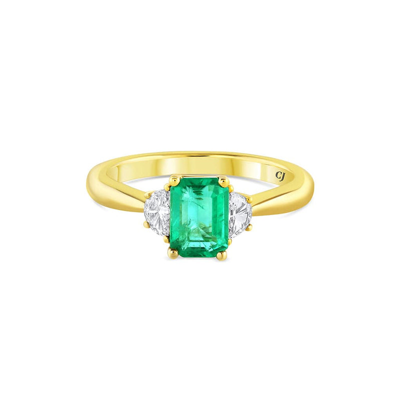 18k Yellow Gold 0.97ct Zambia Emerald Hal-Moon Dimaond Ring