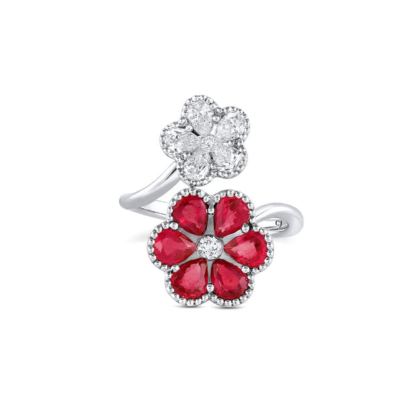 18k White Gold 2.10ctw Ruby and Diamond Flower Bypass Ring