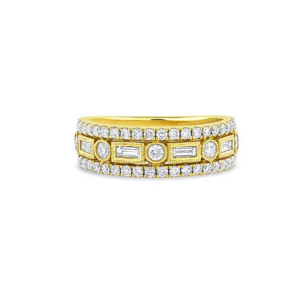 18k Yellow Gold 0.77ctw Diamond Round and Baguette 3 row Ring