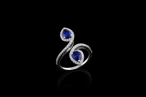 18k White Gold Pear-Shaped Blue Sapphire Diamond Bypass Ring