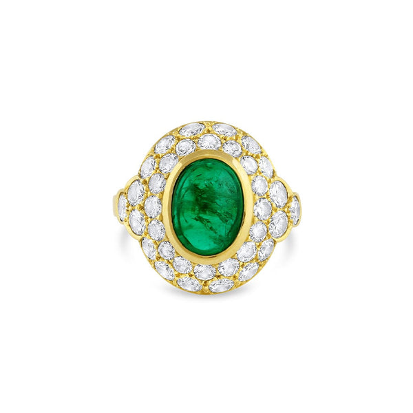 Harry Winston 18K Yellow Gold 4.67ct Cabochon Emerald Diamond Ring