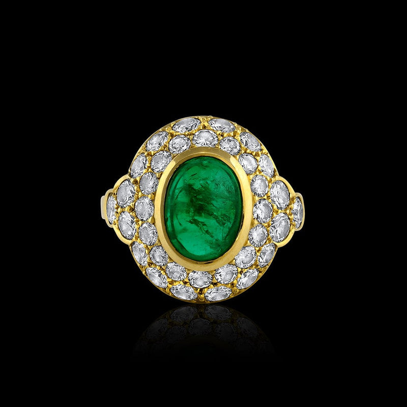 Harry Winston 18K Yellow Gold 4.67ct Cabochon Emerald Diamond Ring