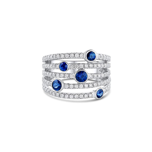 18k White Gold 0.80ctw Sapphire and Diamond 5 Row Wide Band
