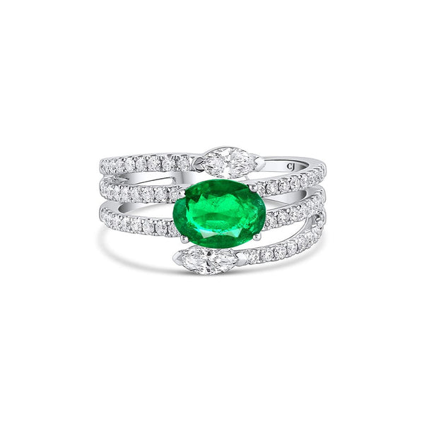 18k White Gold 1.28ct Zambia Emerald and Diamond Spiral Ring