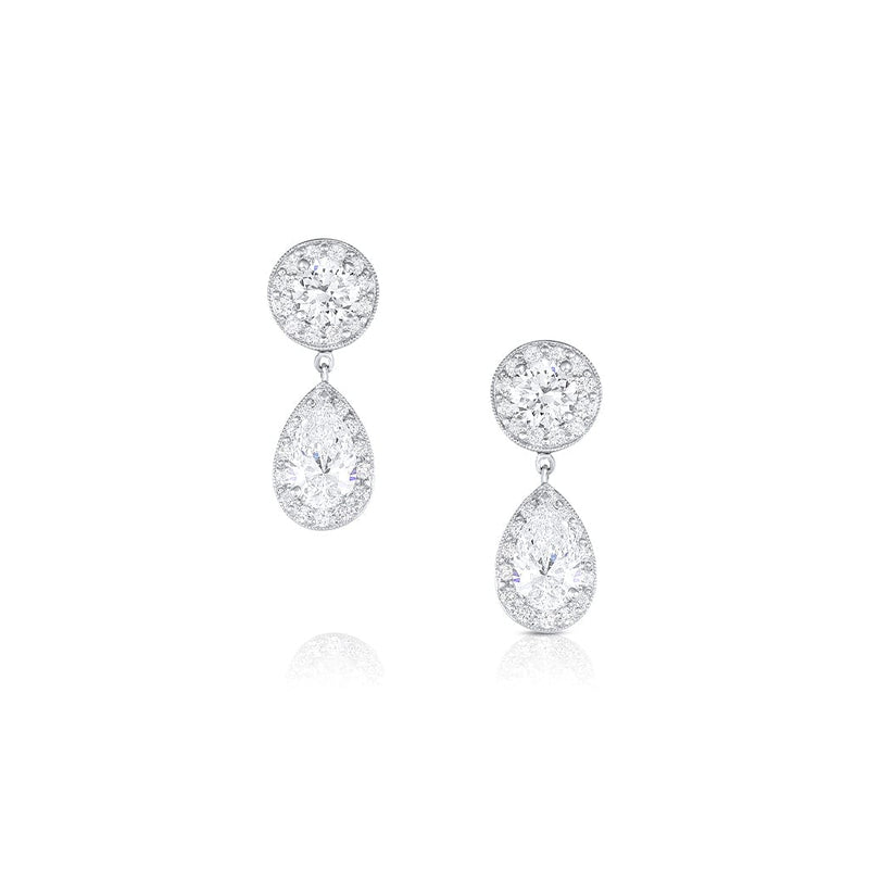 Platinum Round and Pear-Shaped Diamond Drop Earrings