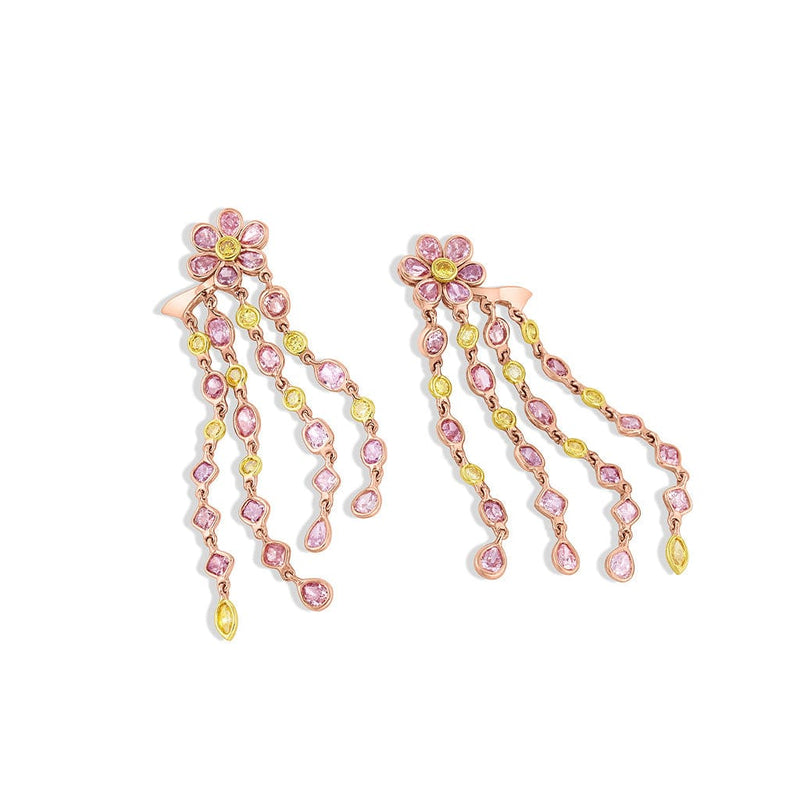 Rivière 18k Rose Gold Pink and Yellow Diamond Flower Drop Earrings