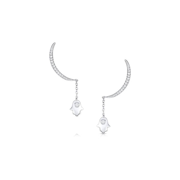 18KT WHITE GOLD DIAMOND HALF MOON HAMSA DROP EARRING