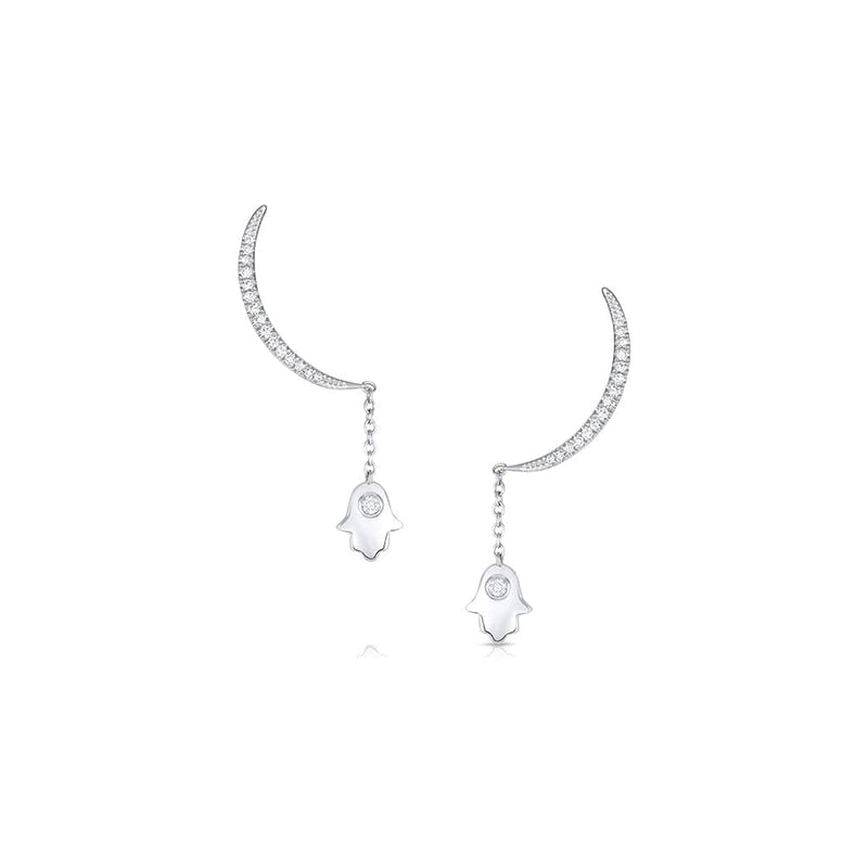 18KT WHITE GOLD DIAMOND HALF MOON HAMSA DROP EARRING