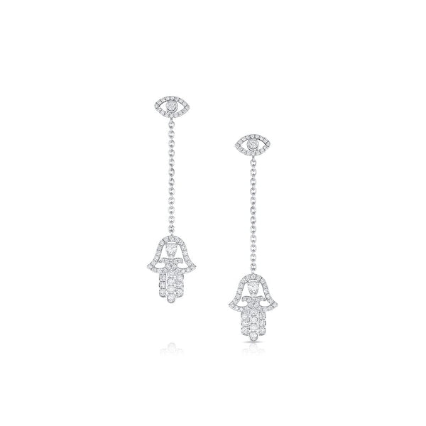 18KT WHITE GOLD DIAMOND DANGLE EVIL EYE AND HAMSA EARRINGS