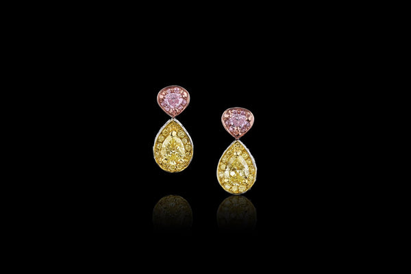 18k Gold Natural Pink and Yellow Teardrop Diamond Earrings