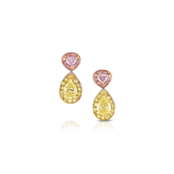 18k Gold Natural Pink and Yellow Teardrop Diamond Earrings