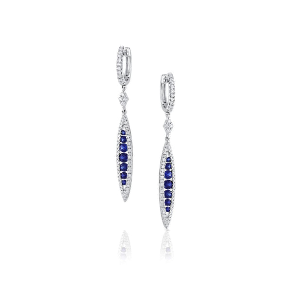 18k White Gold Diamond and Sapphire Drop Point Huggie Earrings