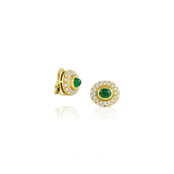 Harry Winston 18k Yellow gold 2.54ctw Cabochon Emerald Diamond Clip On Earrings