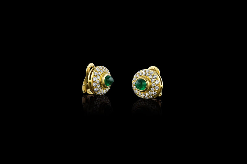 Harry Winston 18k Yellow gold 2.54ctw Cabochon Emerald Diamond Clip On Earrings