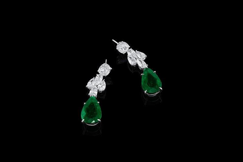18k White Gold 14.04ctw Colombian Emerald Diamond Drop Earrings, Gubelin Certified