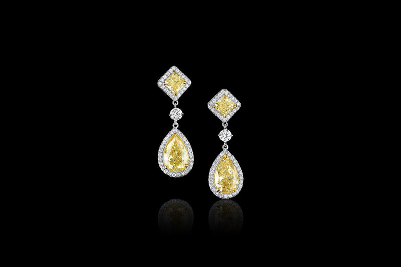 Estate Platinum Yellow Gold 12.67ctw Fancy Yellow Diamond Drop Earrings, GIA Certified