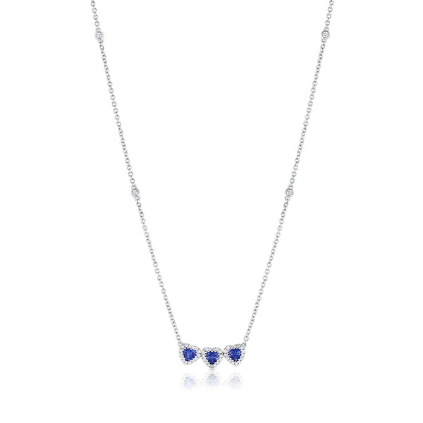 18k White Gold Blue Sapphire Diamond Triple Heart Pendant Necklace