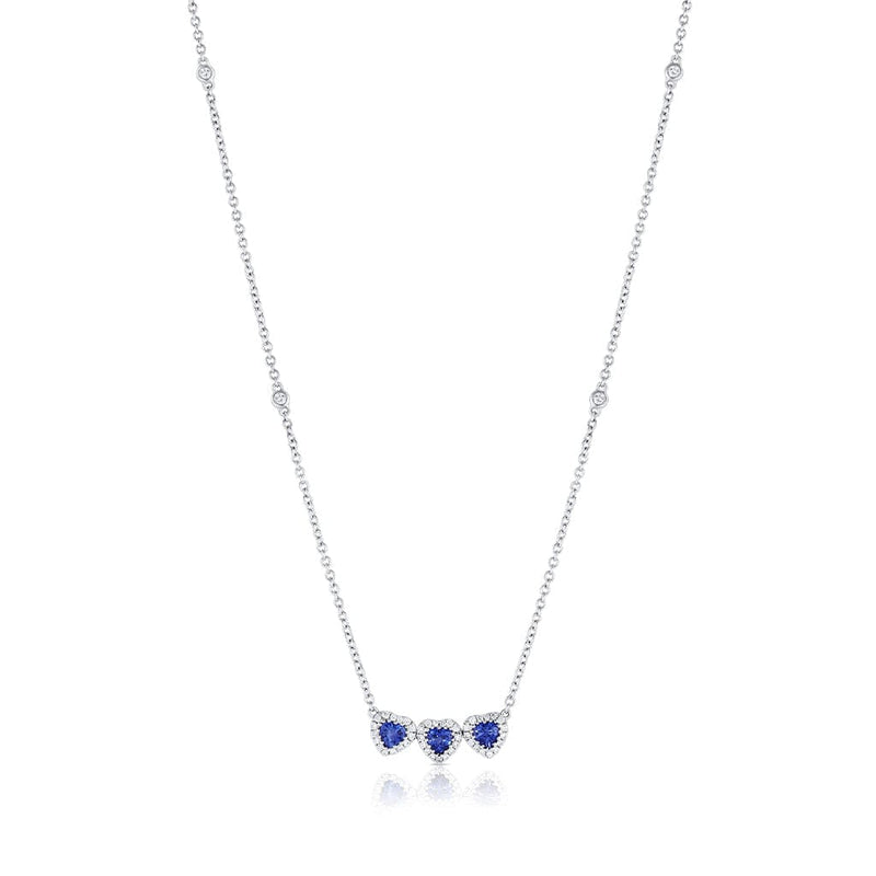 18k White Gold Blue Sapphire Diamond Triple Heart Pendant Necklace