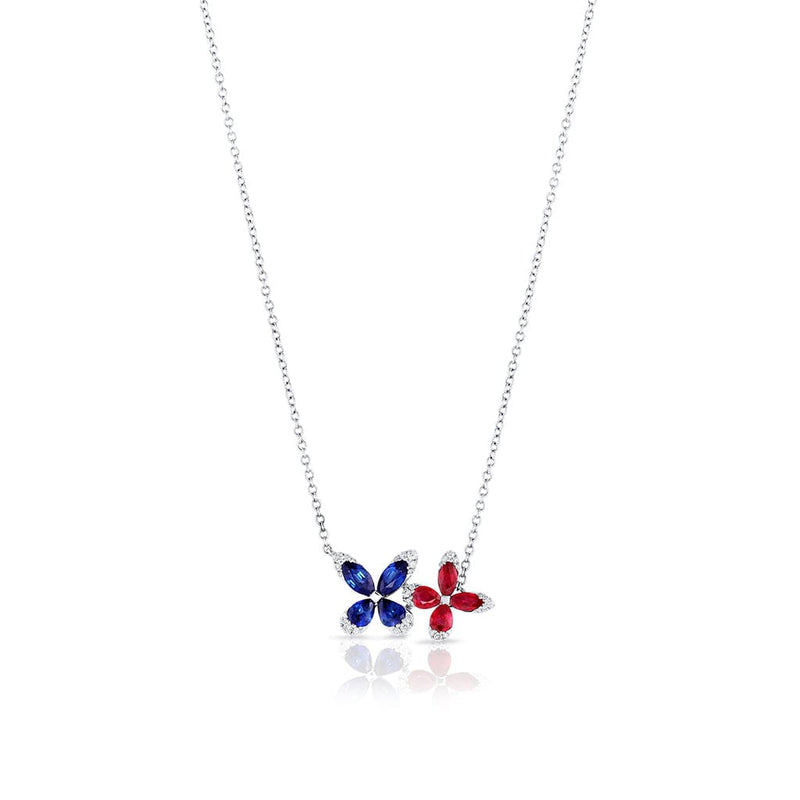 18k White Gold Blue Sapphire Ruby Diamond Flower Pendant Necklace