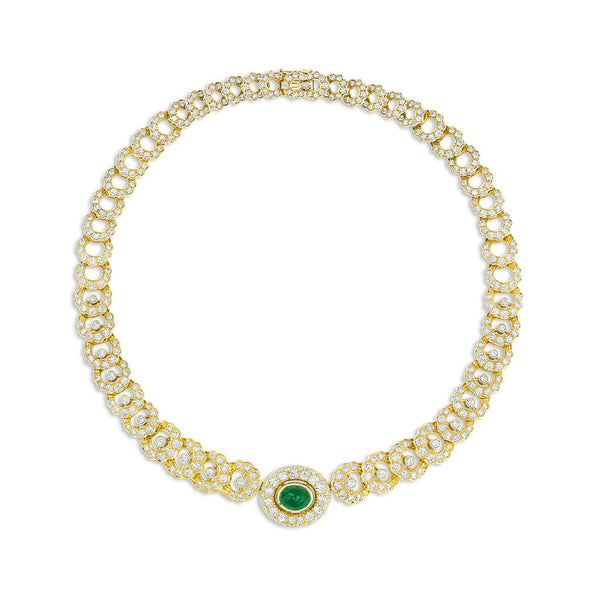 Harry Winston 18k Yellow Gold 4.53ct Cabochon Emerald Diamond Necklace