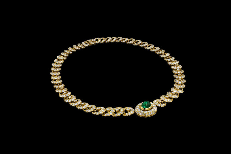 Harry Winston 18k Yellow Gold 4.53ct Cabochon Emerald Diamond Necklace