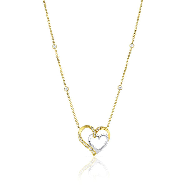 18K Yellow Gold Diamond Station Double Heart Pendant Necklace