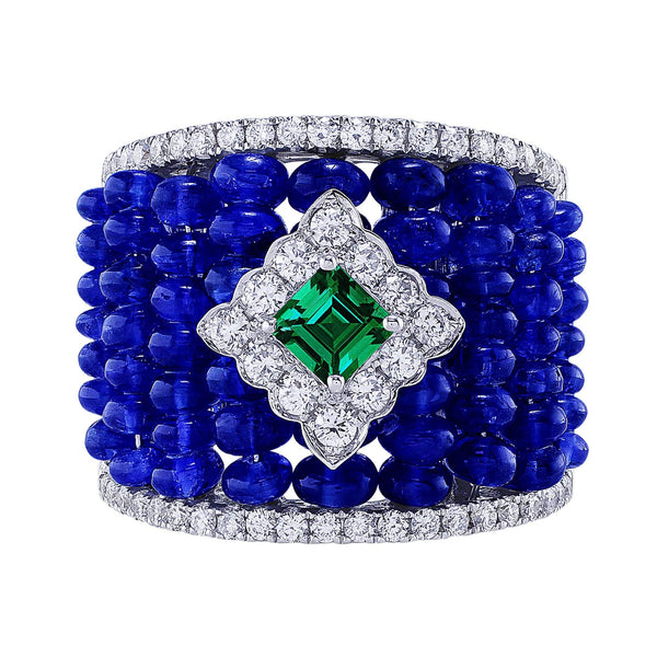 Wide Sapphire Diamond Center Emerald Band