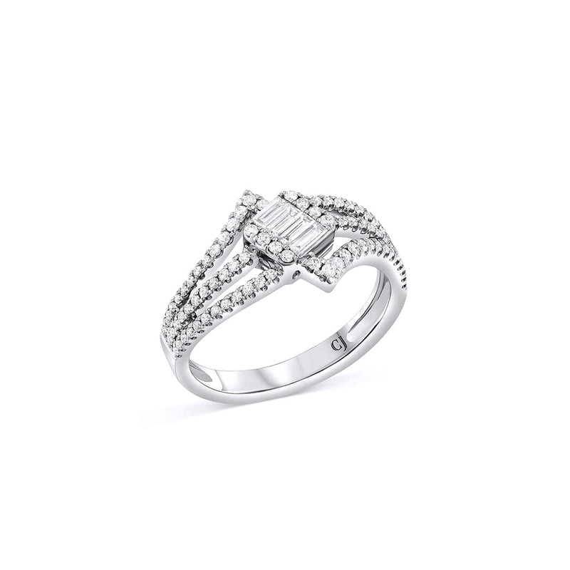 18K White Gold Diamond Offset Square Triple Split Shank Ring