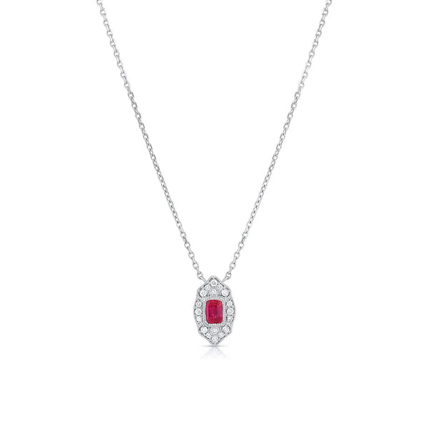14K White Gold Ruby Diamond Art Deco Design Pendant Necklace