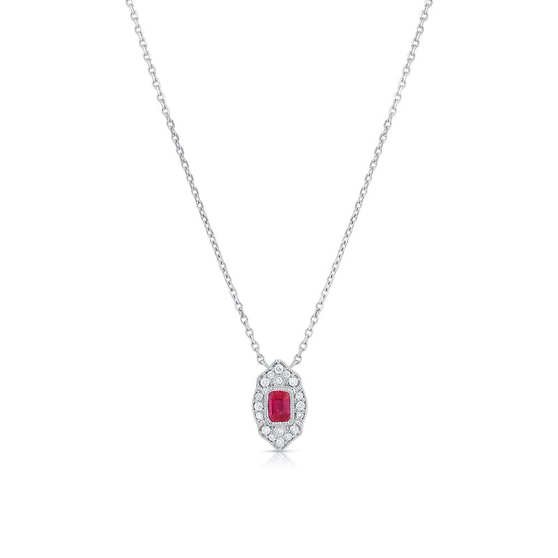 14K White Gold Ruby Diamond Art Deco Design Pendant Necklace