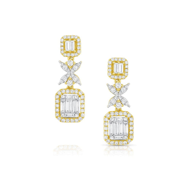 18K Yellow Gold Diamond Cluster Double Square Rectangular Drop Earrings