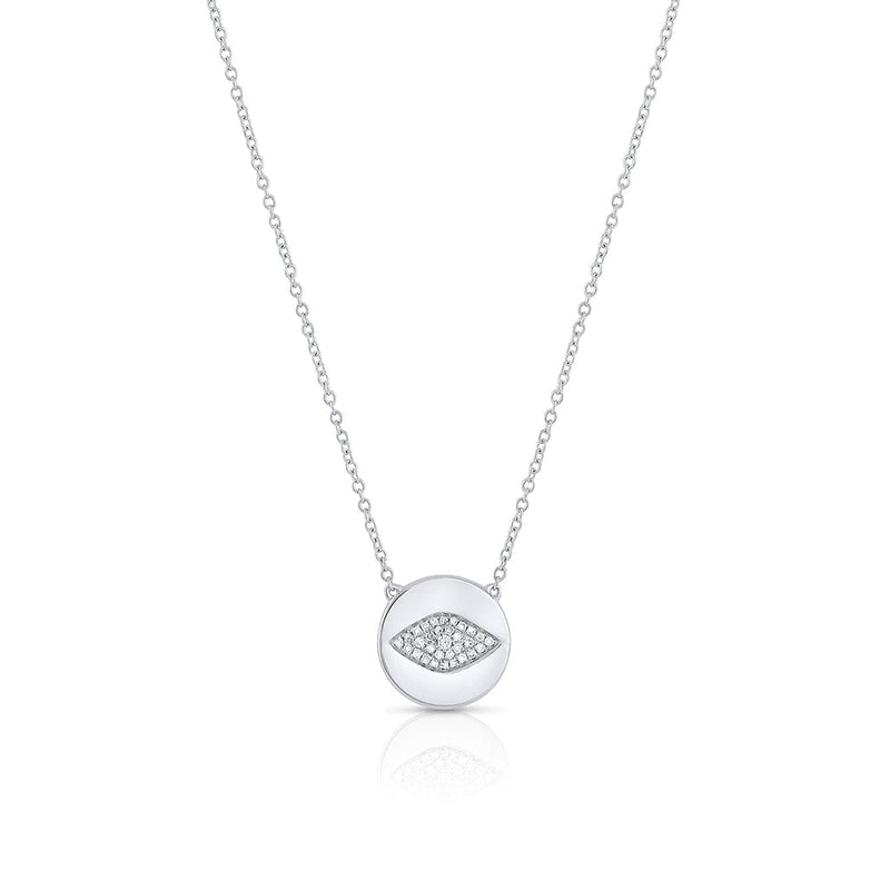 18K White Gold Pave Evil Eye Disk Pendant Necklace