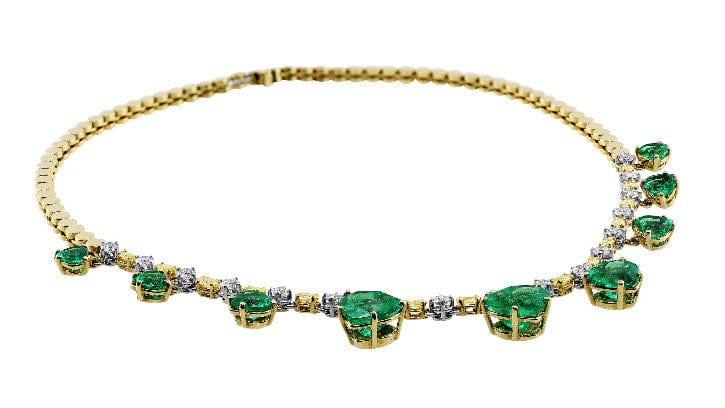 Yellow Gold Platinum Fancy Yellow Diamond Colombian Emerald Heart Drop Necklace
