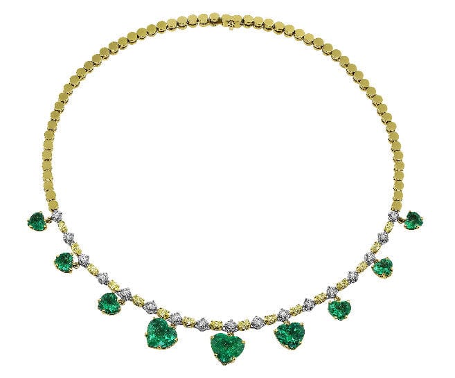 Yellow Gold Platinum Fancy Yellow Diamond Colombian Emerald Heart Drop Necklace