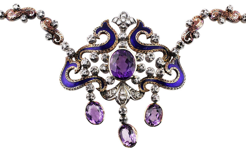 Estate Victorian Silver Diamond Amethyst Necklace & Earrings