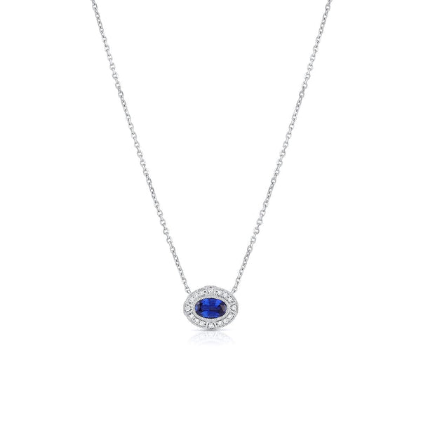 18K White Gold Sapphire Diamond Filigree Oval Pendant Necklace