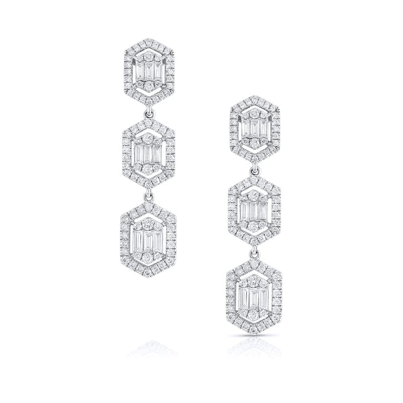 18K White Gold Diamond Cluster 3 Hexagonal Halo Drop Earrings