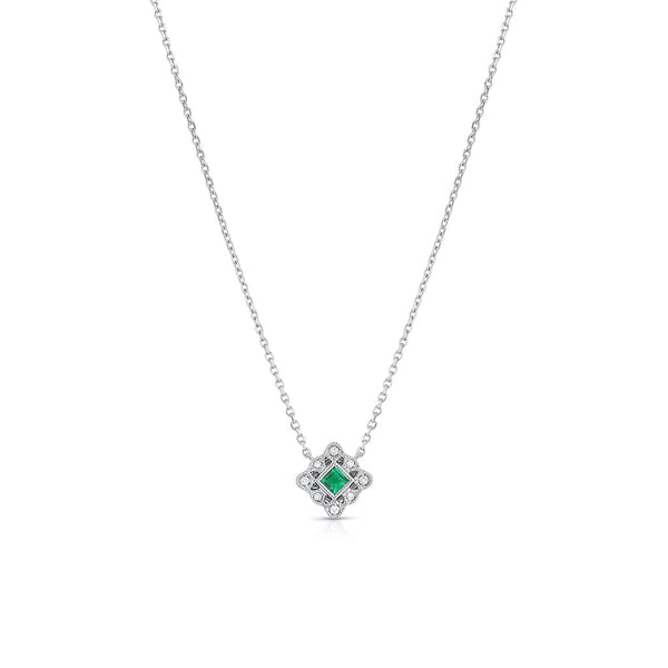 14K White Gold Diamond Emerald Square Filigree Art Deco Necklace